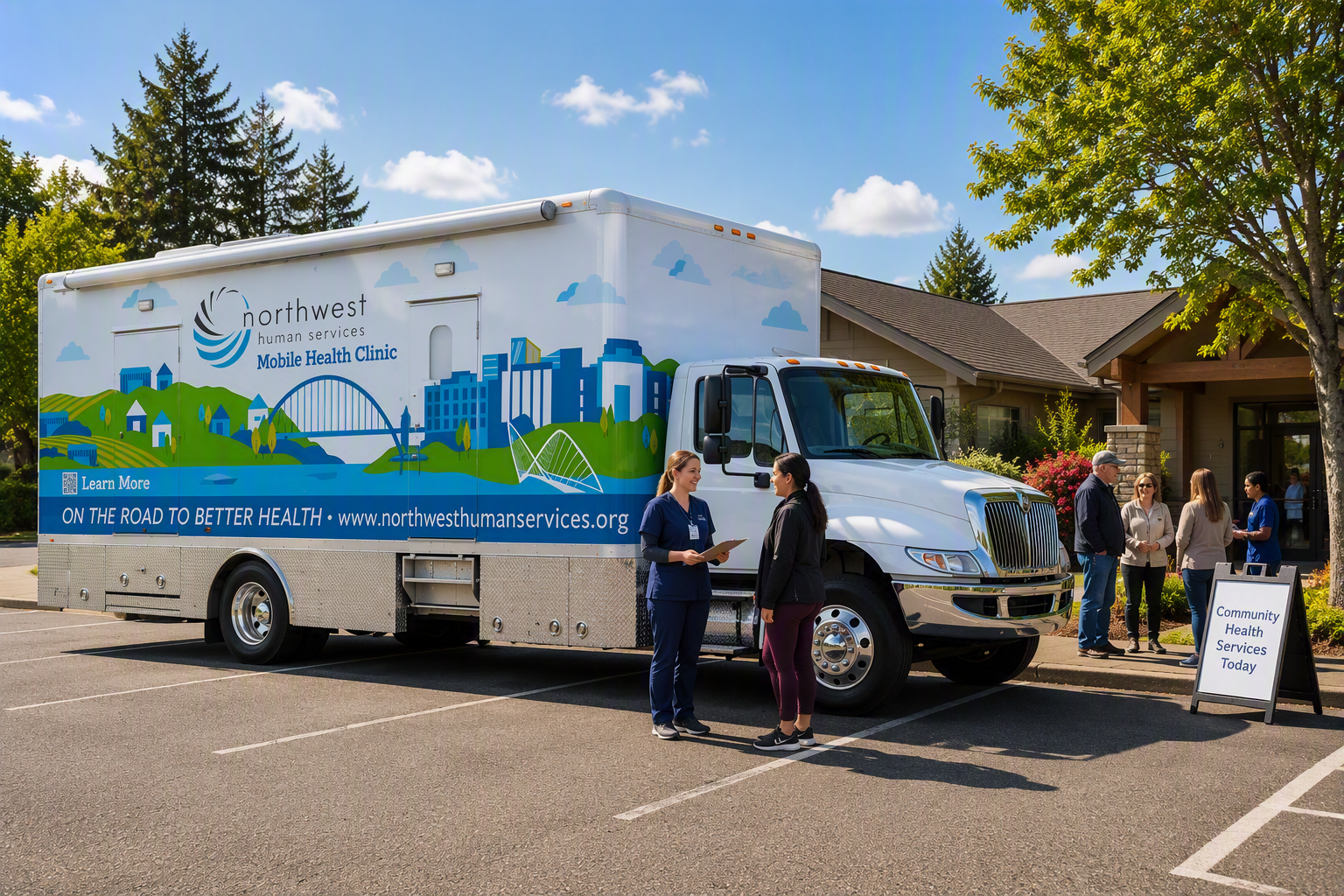 Northwest Human Services Mobile Health Clinic parked at a community center while staff welcome visitors.