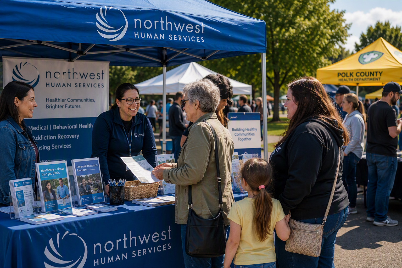 create a Photorealistic image of a community health fair with Northwest Human Services outreach booth, community members visiting informational tables, outdoor event, Pacific Northwest, professional nonprofit event photography. the focus should be on the Outreach event/community gathering.